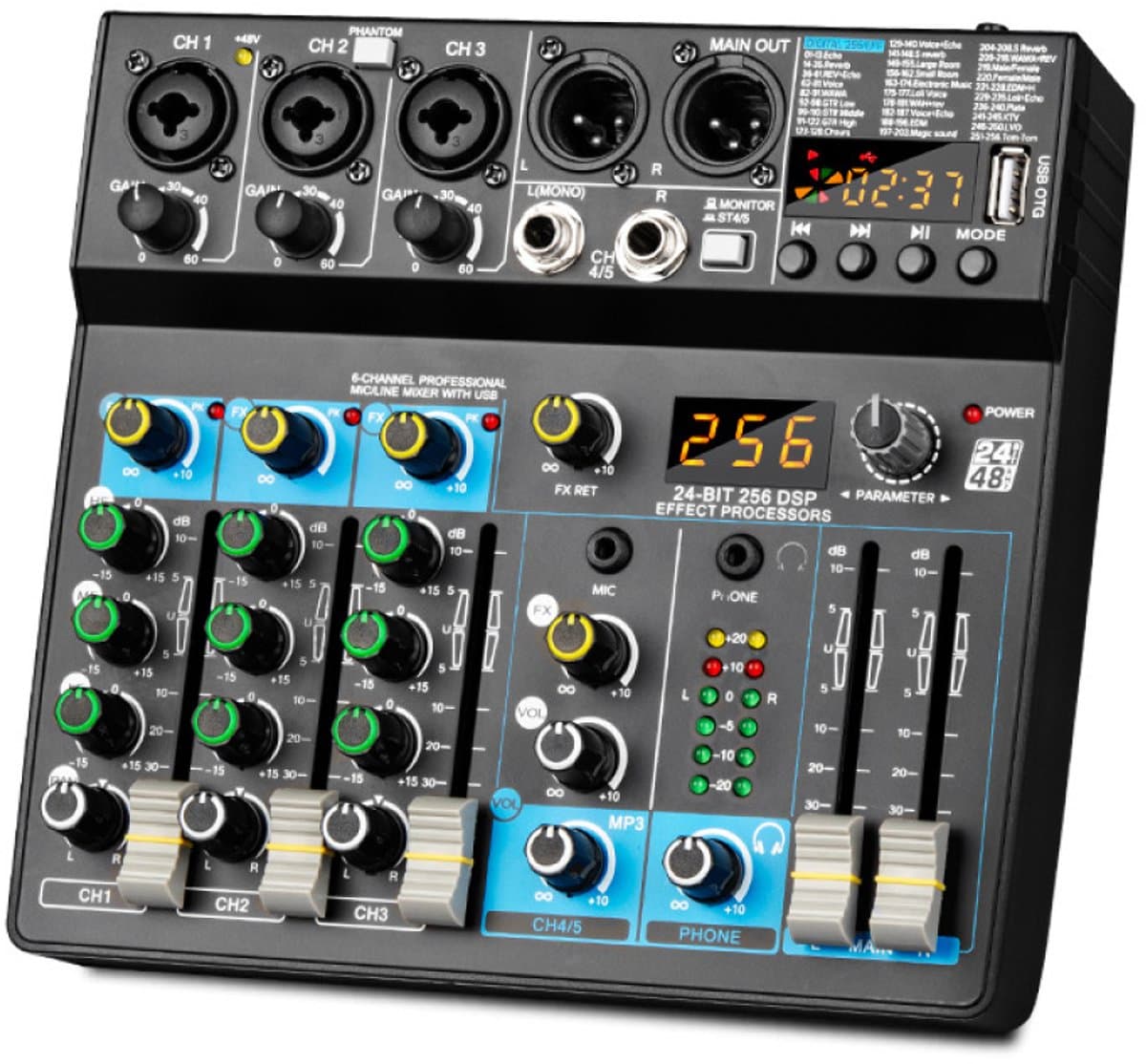 Professionele Mengtafel 6 Kanalen – Audio Mixer met USB, Bluetooth, MP3 Computer Ingang en 48V Fantoomvoeding – 256 ingebouwde reverb-effecten — afbeelding 1