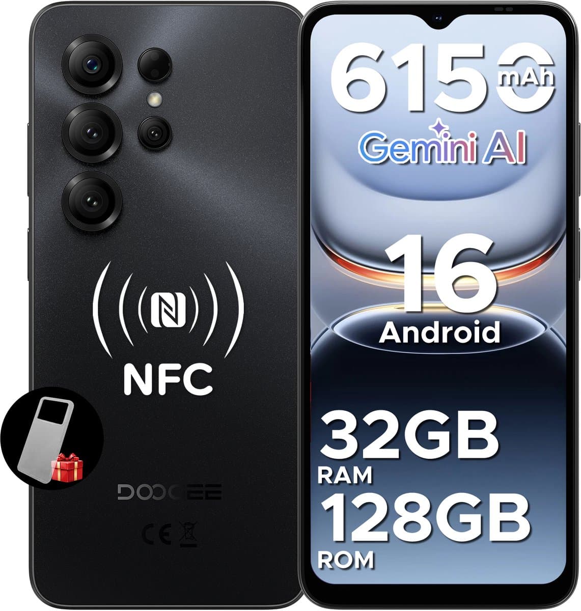 DOOGEE NOTE 56 X PRO - Smartphone - Android 16 - 32 GB RAM + 128 GB ROM / 2 TB TF - 6150 mAh - 8,45 mm ultraslank - 6,56 inch HD+ - 13 MP + 8 MP - NFC - Face ID - Gemini AI - GPS - Zwart — afbeelding 1