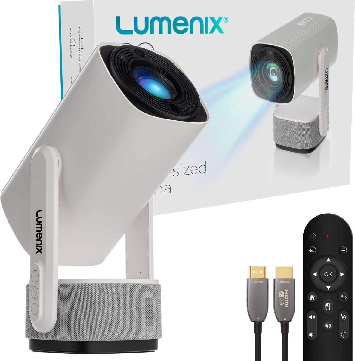 Lumenix® GO - Mini Beamer met accu - Voor iOS en Android - Smart TV Projector - Android 11.0 - WiFi 6 & Bluetooth 5.2 - Thuisbioscoop - Draagbaar en Draadloos - Wit — afbeelding 1