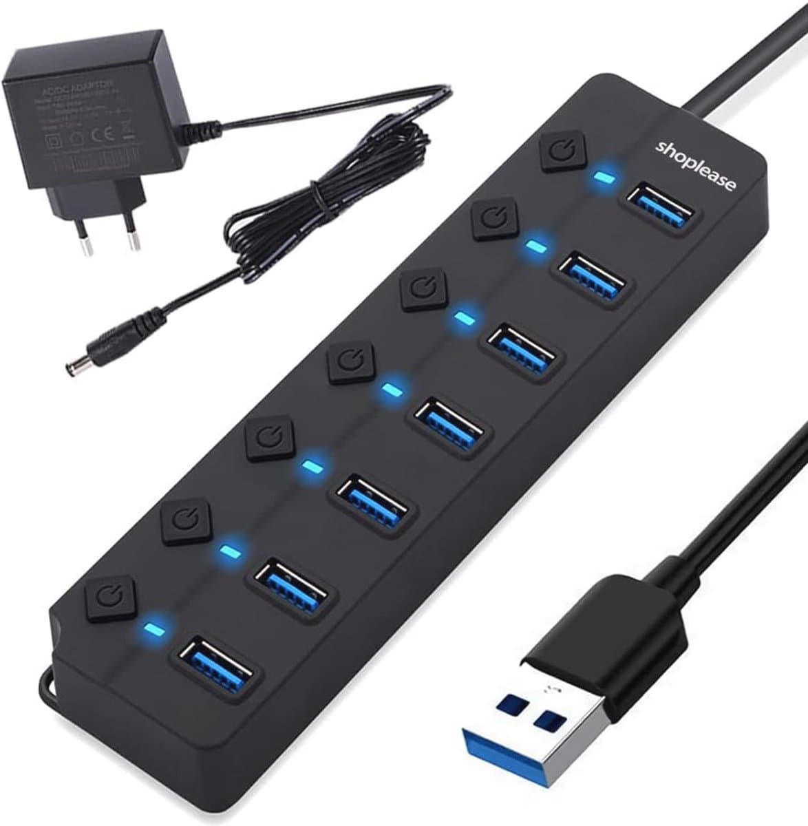 USB 3.0 Splitter 7 Poorts met 5V/2A Adapter en Individuele Aan/Uit-schakelaar — afbeelding 1