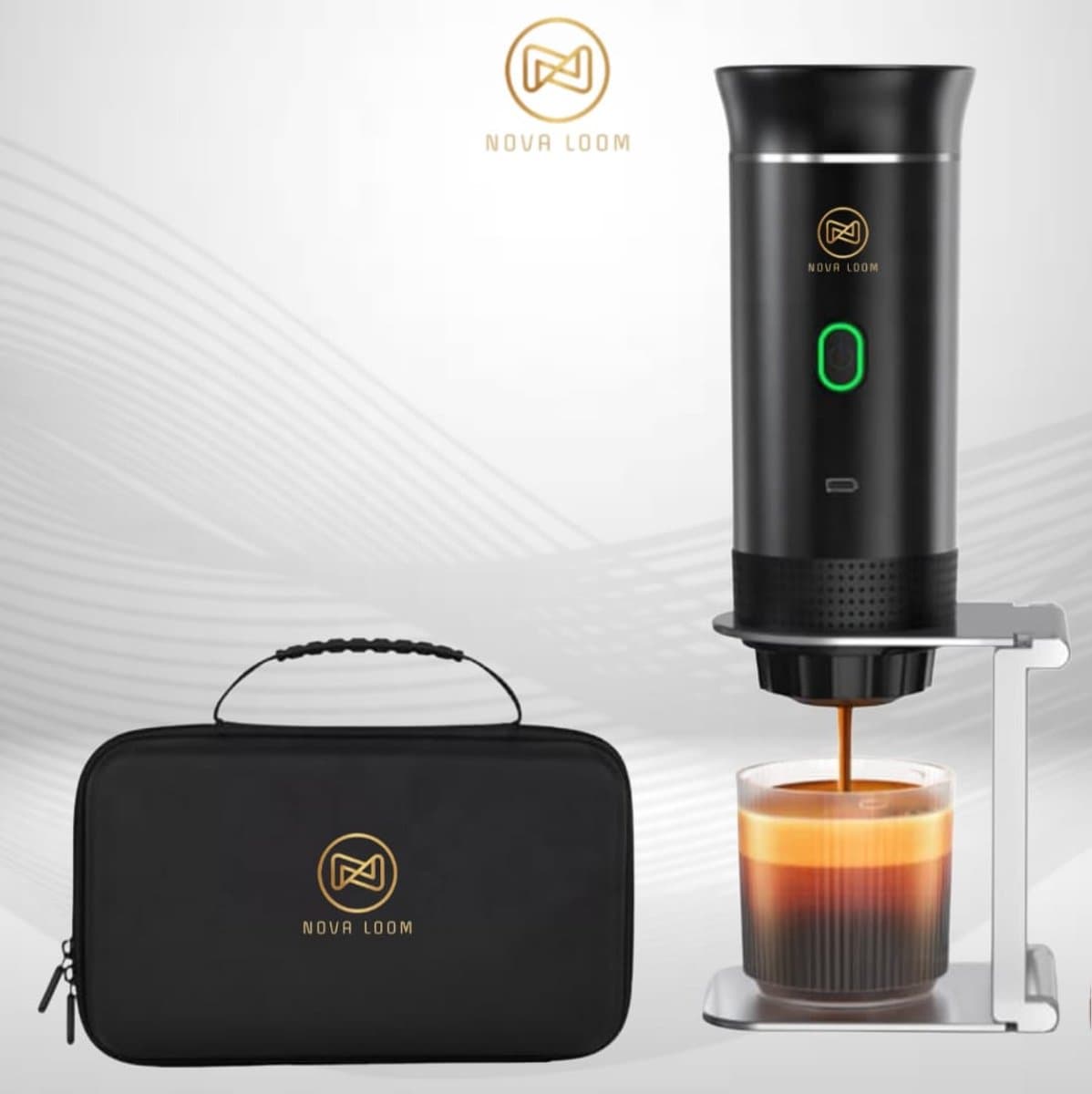 Nova Loom - Draagbaar Espressomachine Pro inclusief Travelbag en houder voor auto, thuis en camping - Multifunctionele 3-in-1 draagbare elektrische reiskoffieapparaat - Capsule, cups en Poeder - Zwart - draadloos - makkelijk oplaadbaar — afbeelding 1