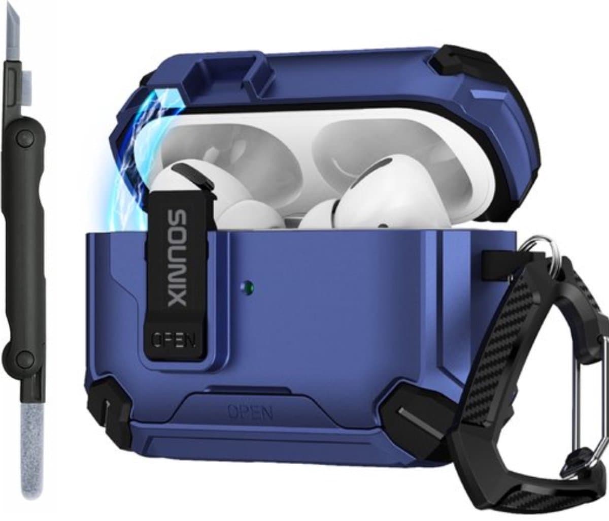 Sounix Hoesje geschikt voor Airpods Pro 1 / 2 - Met schoonmaak borstel - Airpods Pro Hoesje - Armor Case met Lock - Donkerblauw — afbeelding 1
