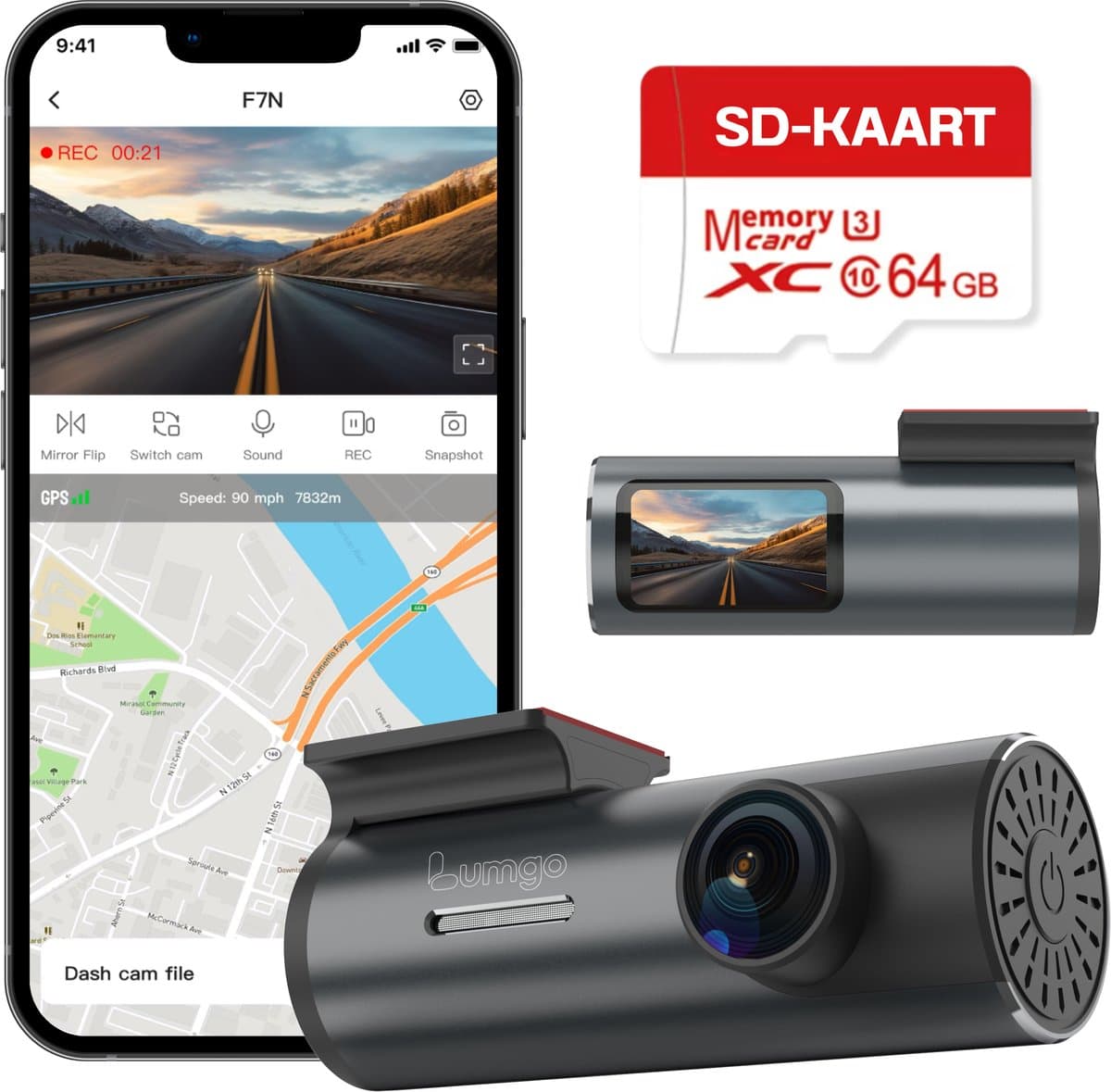 Lumgo Dashcam Voor Auto – Full HD – 150° Groothoeklens – 64GB SD Kaart Inbegrepen – Nachtzicht – App (Wi-Fi) – G-Sensor – Compact Design — afbeelding 1