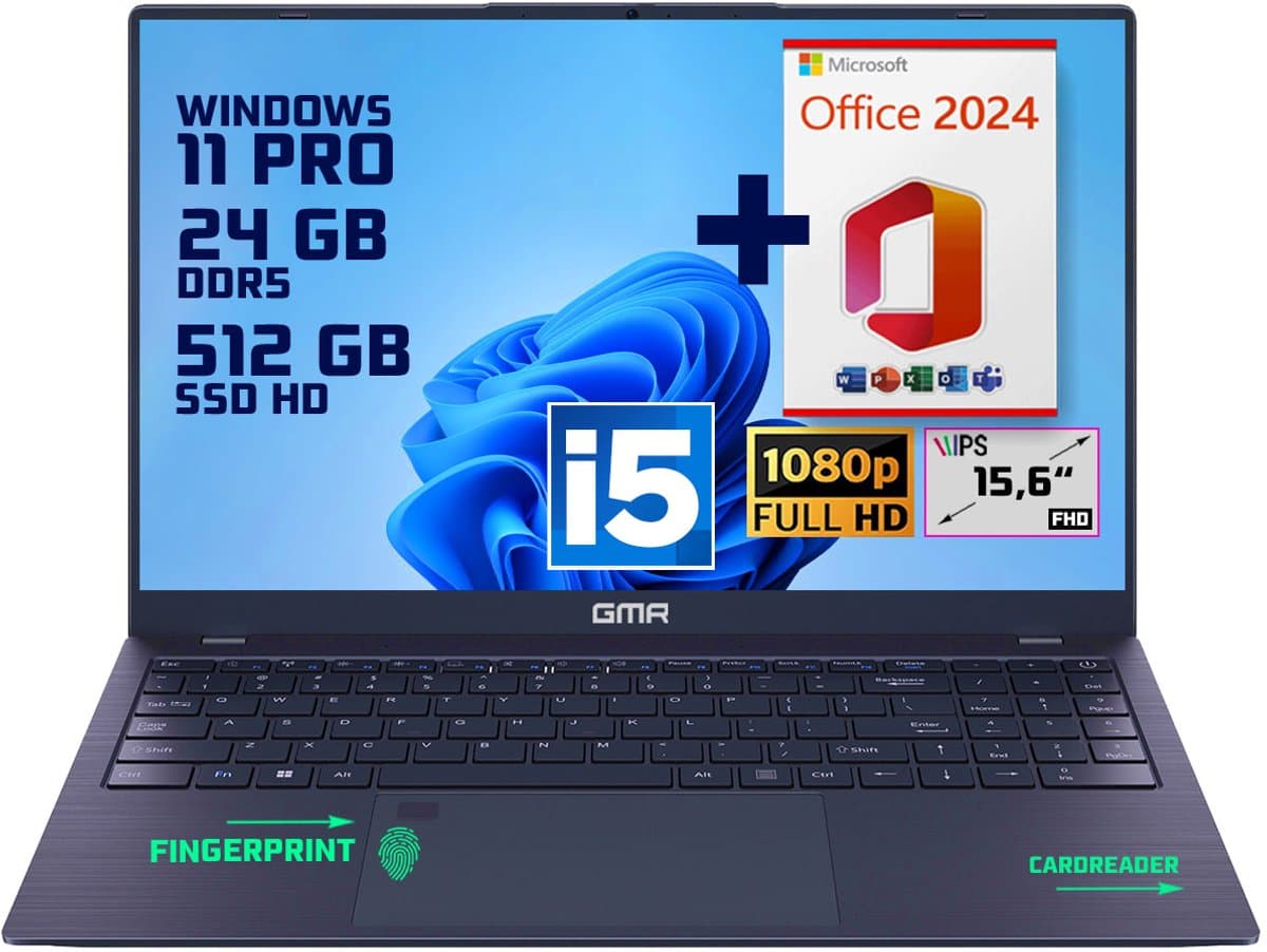 GMR | Elegante 15.6-inch Laptop voor Professionals | Intel i5 Processor - 24GB DDR5 RAM - 512GB M.2 SSD | Perfect voor Office & Zakelijk Gebruik (Windows 11 Pro + Office 2024) — afbeelding 1