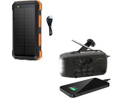 Noodradio Solar Opwindbaar en Batterij - Noodpakket - Draagbare Survival Radio - Inclusief 10.000 mAh Solar Powerbank - Powerbank Zonneenergie - Bouwradio - Zaklamp - Zwart