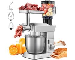 Elektrische Keukenmachine - Keukenmixer - 1300 W Motor - RVS Kom 4,3 L - Extra Mengkom 1,5 L - 6+P Snelheden - Met Deeghaak, Garde En Klopper