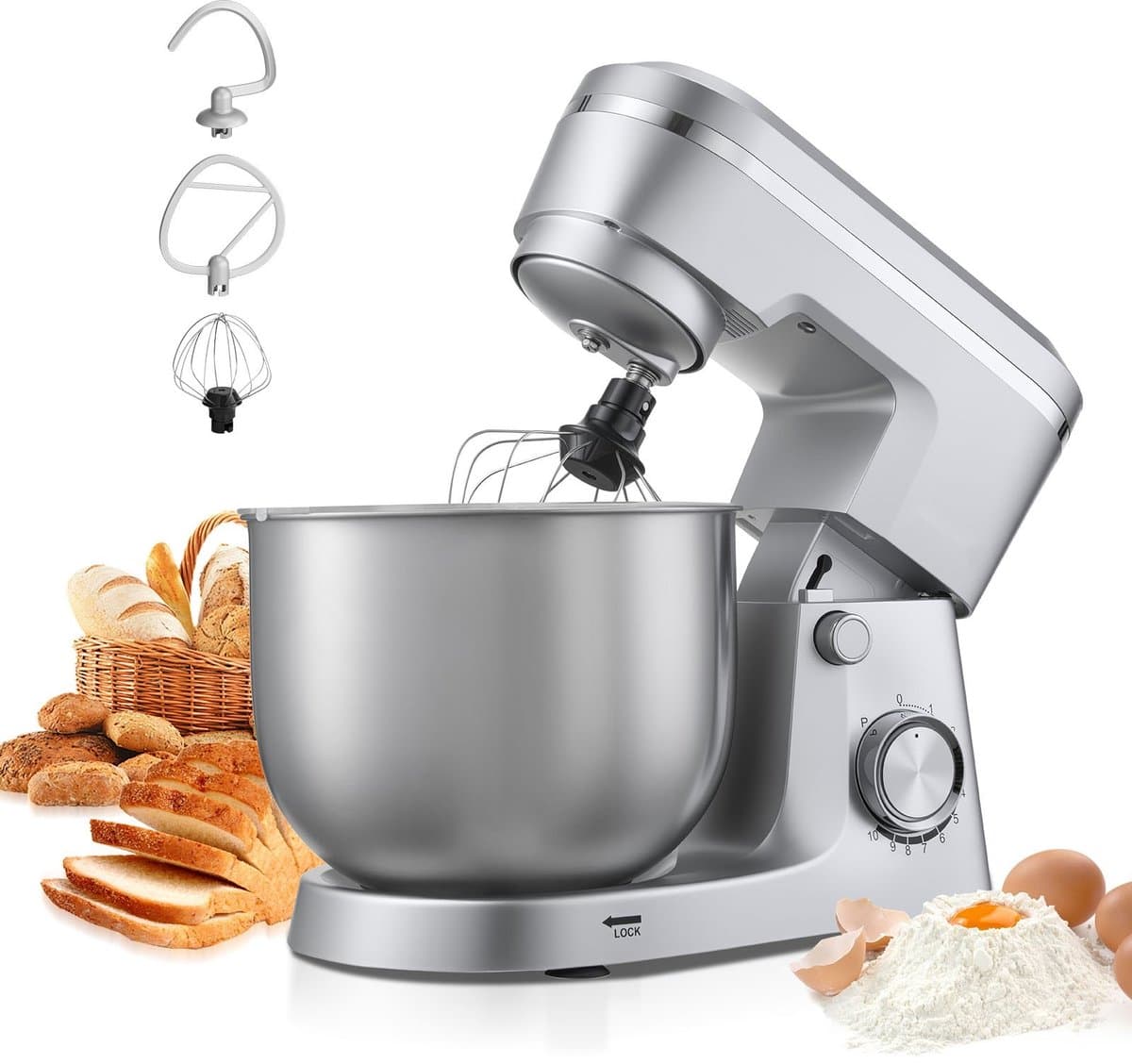 Keukenmachine - Staande Mixer - Krachtige 1500W Motor - Roestvrijstalen Mengkom 5,7 L - 10 Snelheden - Kantelbare Kop - Inclusief Deeghaak, Klopper en Garde — afbeelding 1