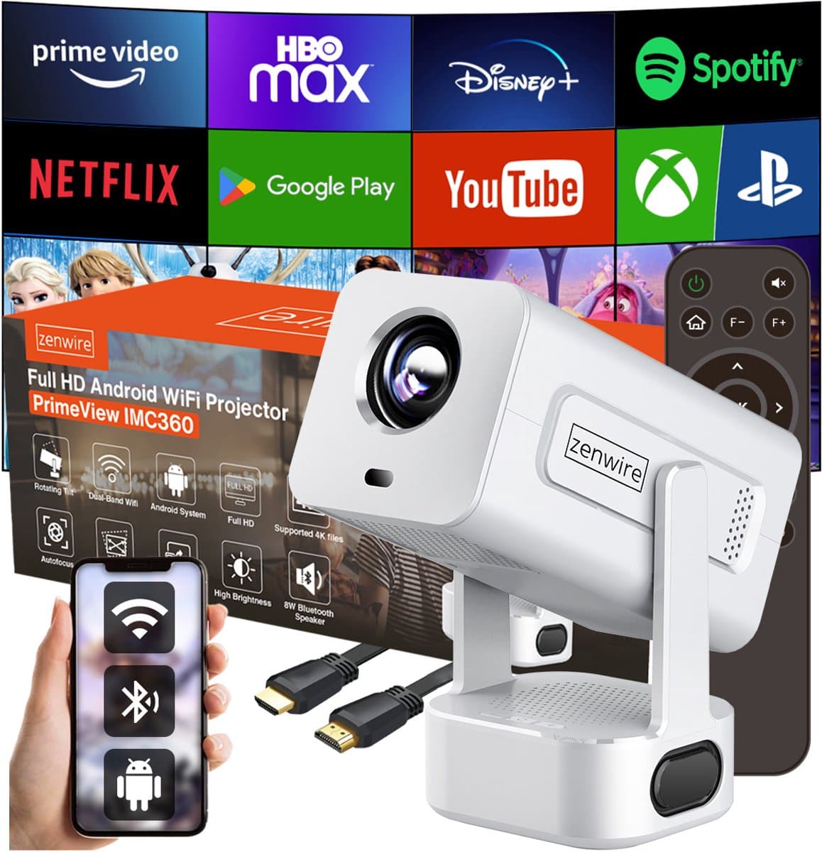 Zenwire® PrimeView IMC360 – Mini Projector 360° Android 13 – Beamer WiFi 6 – Bluetooth 5.2 – Full HD 1080p – 4K-ondersteuning – 400 ANSI Lumen – 270° Rotatie – Autofocus – Compact & Stil — afbeelding 1