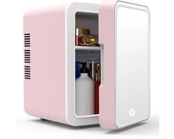 Mini koelkast 4L - Auto koelkast- Voor eten & drinken - Skincare & make-up fridge - Spiegel en LED-verlichting - USB - Roze