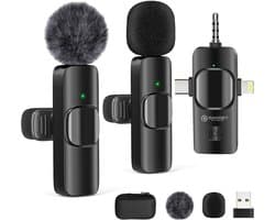 Draadloze Lavalier Microfoon 2 Stuks met Beschermcase – Plug & Play – Bluetooth – USB-C & Lightning – Mini Dasspeldmicrofoon – Microfoon Draadloos