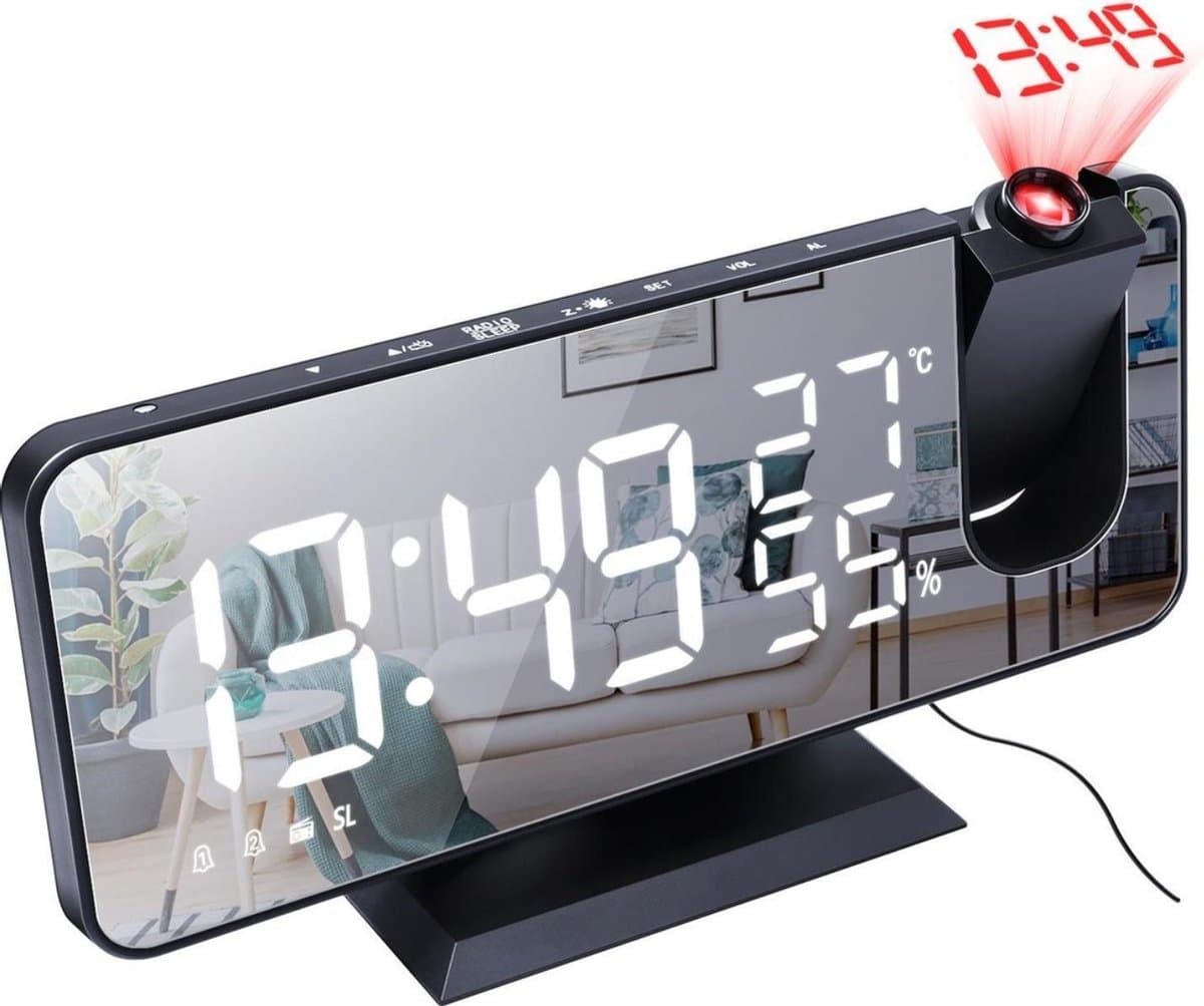 Projectiewekker met Spiegel & Wekkerradio – Groot LED-display, USB-laadfunctie, Dimbaar, Dubbel Alarm Wekker– Zwart — afbeelding 1