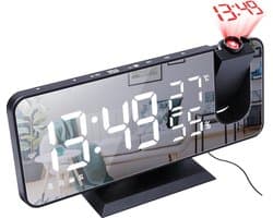Projectiewekker met Spiegel & Wekkerradio – Groot LED-display, USB-laadfunctie, Dimbaar, Dubbel Alarm Wekker– Zwart