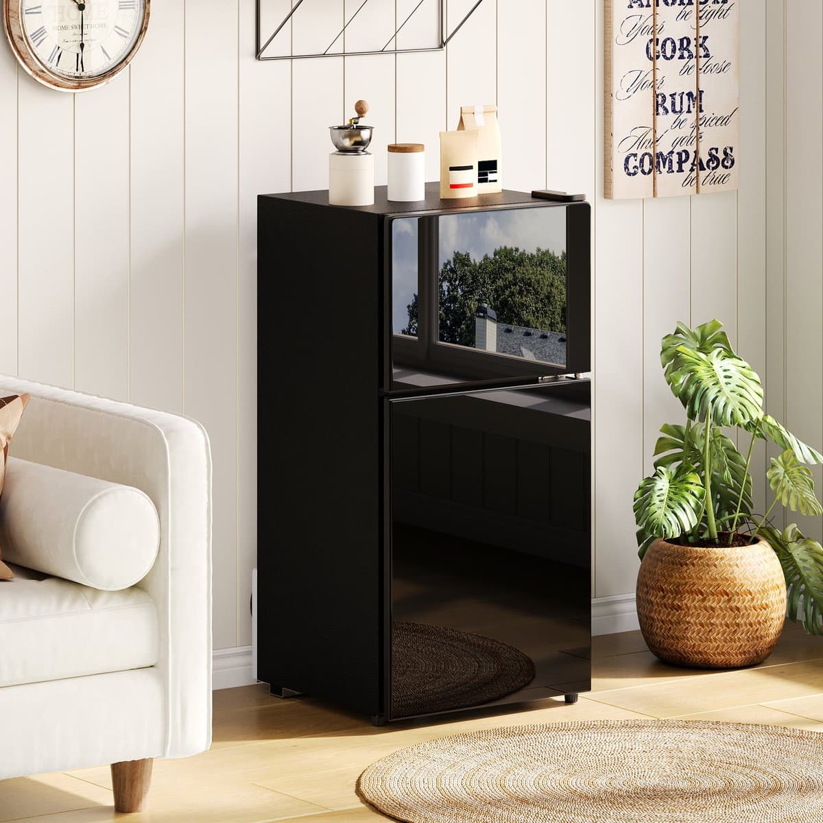 OKWISH Minikoelkast Vrijstaand – 60 L Met Vriesvak – 42,5 x 44,5 x 87,5 cm – Roestvrij Staal – Zwart – Voor Keuken En Kantoor — afbeelding 1
