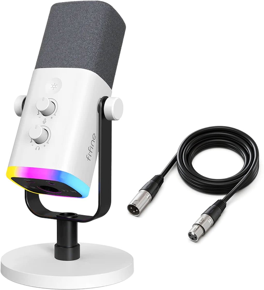 FIFINE AM8 - Complete set - Met XLR Kabel - USB / XLR Studio Microfoon - Geschikt voor PC/PS4/PS5 - RGB - Podcast - Gaming - Streaming - Wit — afbeelding 1