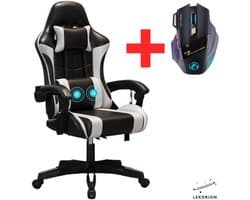 Lexorion Gaming Stoel – Ergonomische Gaming Chair – Inclusief Gratis RGB Gamingmuis Cadeau – Verstelbaar – Lederen Gamestoel – 136 kg – Wit– Bureaustoel
