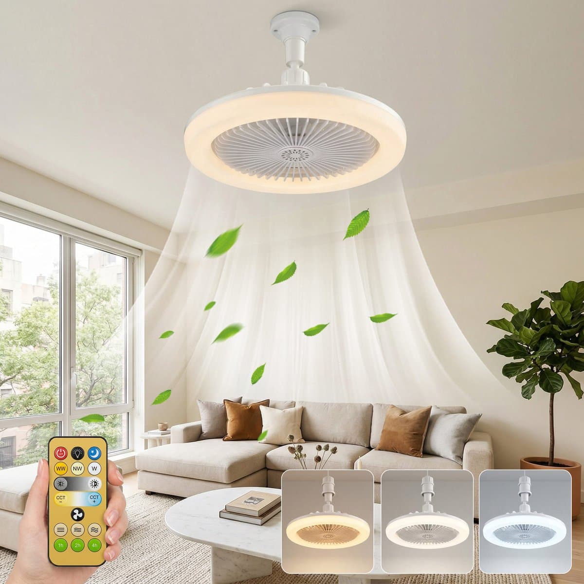 MUPOO Plafond ventilator met LED verlichting E27 Fitting met 360° Draaibaar-APP & Afstandsbediening - Plug & Play -3 Snelheden & Dimbaar - Mini Ventilatorlamp Ø 25cm- lamp ventilator plafond Voor Slaapkamer & Garage - wit — afbeelding 1