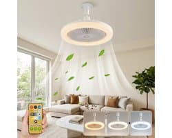 MUPOO Plafond ventilator met LED verlichting E27 Fitting met 360° Draaibaar-APP & Afstandsbediening - Plug & Play -3 Snelheden & Dimbaar - Mini Ventilatorlamp Ø 25cm- lamp ventilator plafond Voor Slaapkamer & Garage - wit