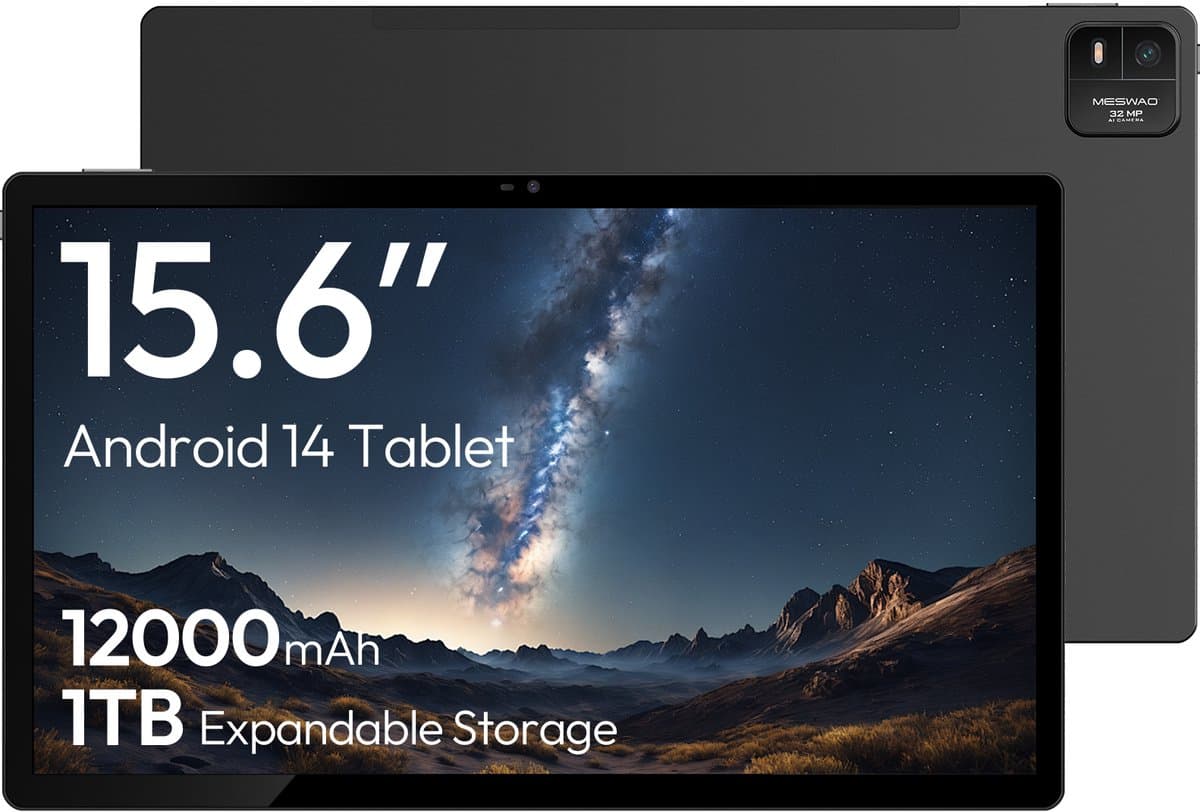MESWAO B3 Tablet - 15,6 inch 1920*1080 IPS-scherm - WiFi 5 Bluetooth 5.0 - 32 MP + 5 MP Camera - 6GB RAM + 128GB ROM - Android 14 - 12000 mAh Batterij - Helio G99 Octa-Core - Grijs — afbeelding 1