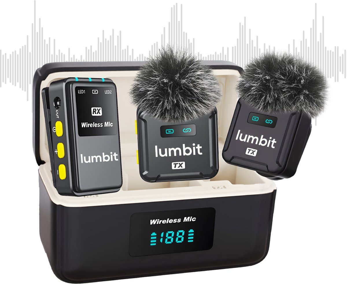 Lumbit® Pulse Pro - Draadloze Microfoon - Lavalier Microfoon - Dasspeld Microfoon met Oplaadcase - Microphone - Podcast - USB-C/Lightning/Aux - 48kHz - 120M Bereik - Plug & play - 2 Stuks - Incl. Windkapjes — afbeelding 1