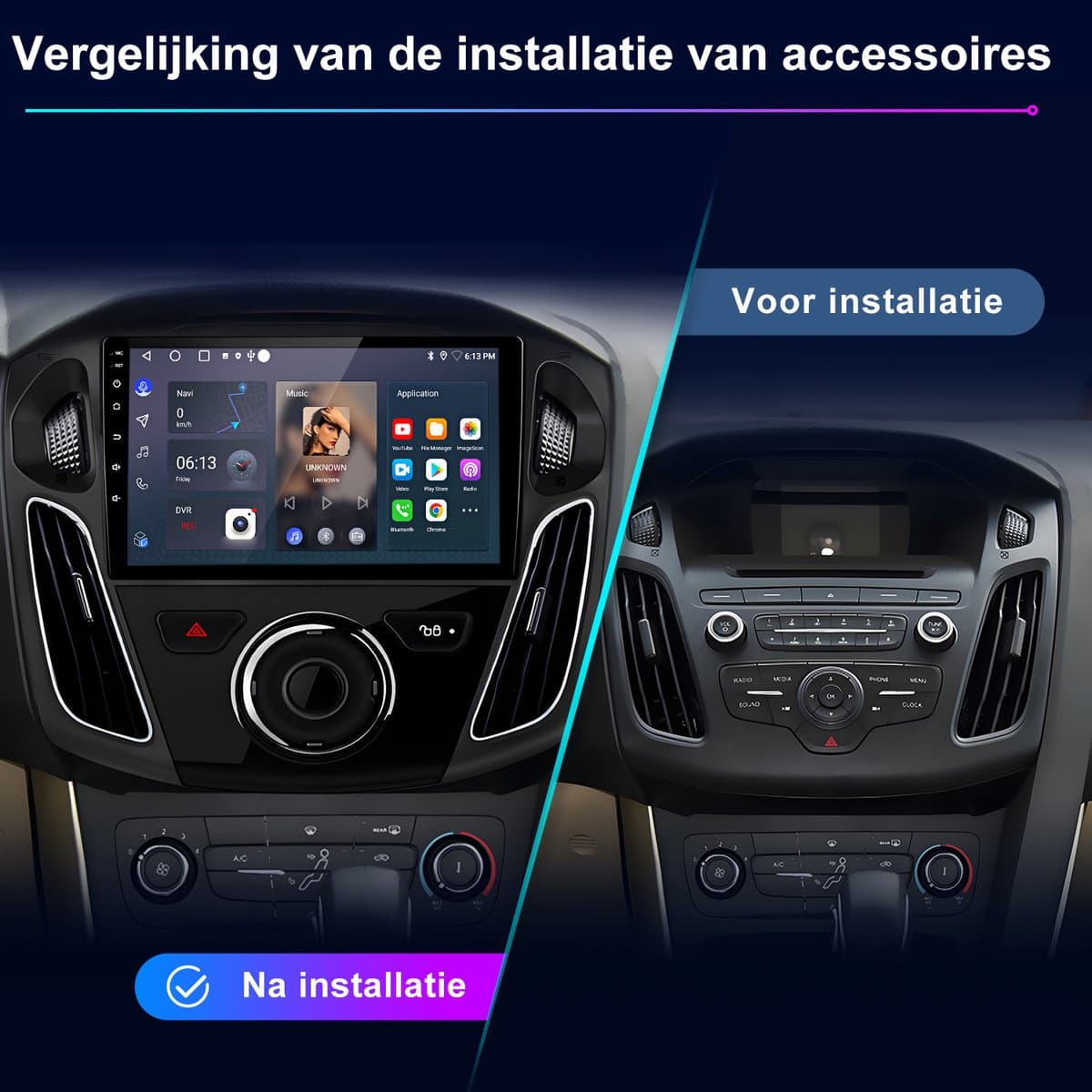 Junsun Android 15 Autoradio Geschikt Voor Ford Focus MK3 2012-2018 Accessoires, 2GB+64GB, Draadloze CarPlay, DAB+, GPS-Navigatie, Bluetooth, 9-inch Touchscreen, DSP, Quad-core processor — afbeelding 1