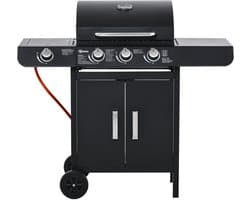 Killogood Gasbarbecue met 3 hoofdbranders + 1 zijbrander - plank - roestvrij staal - zwart - 110 x 50 x 100 cm