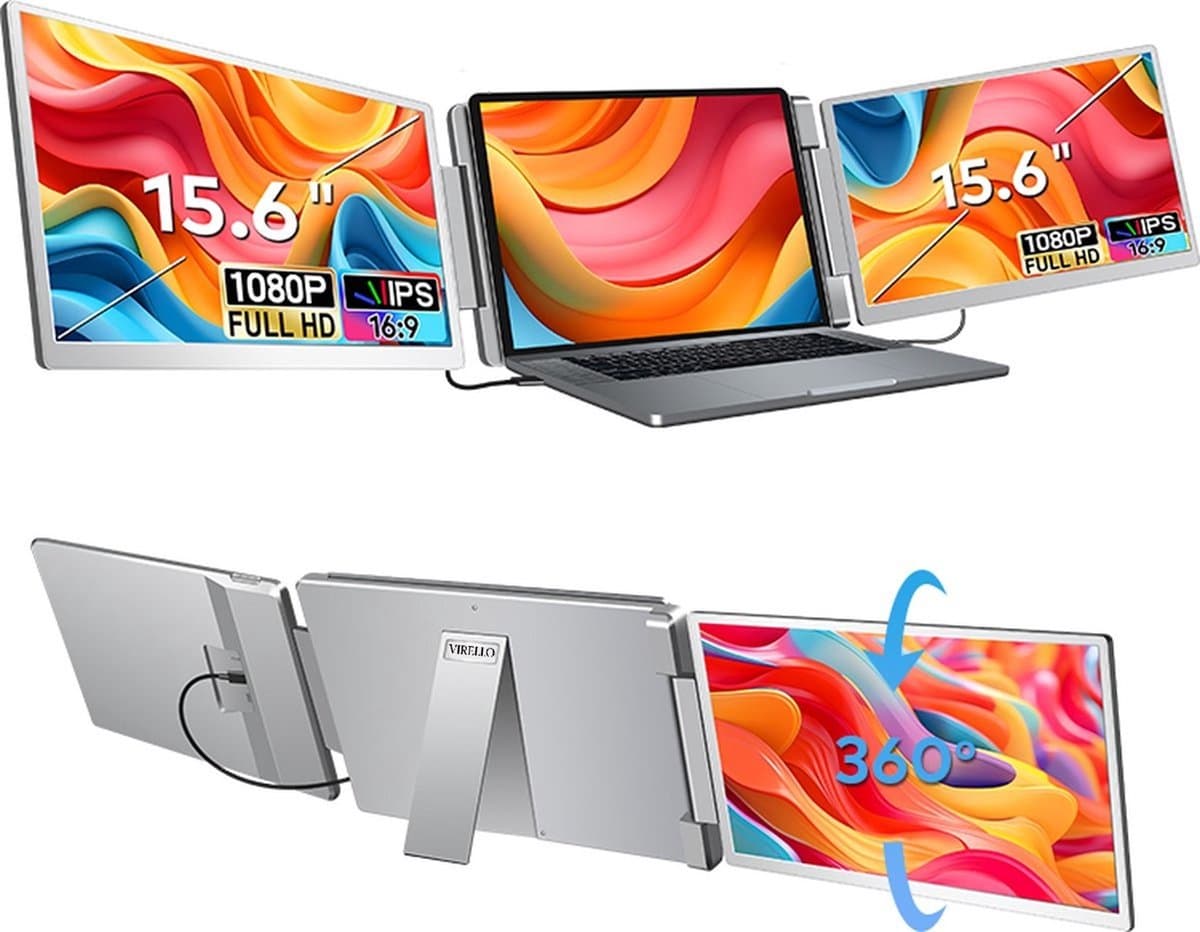 Virello® Draagbare Flip Monitor 15,6" Full HD - USB-C & HDMI - Inclusief Beschermhoes - Voor Laptop, MacBook, PS5, Nintendo Switch - Grijs - 2 jaar garantie — afbeelding 1
