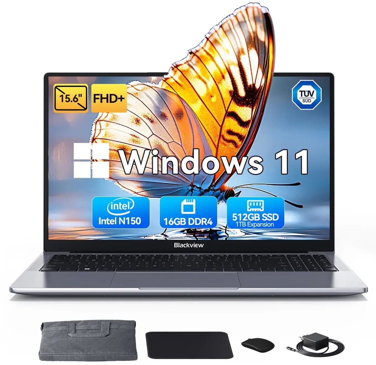 Huidun HiBook 6 Laptop - 15,6 inch Full HD - 16 GB RAM - 512 GB SSD - Intel N150 - Windows 11 Notebook - UHD Graphics - 5000mAh - Grijs — afbeelding 1