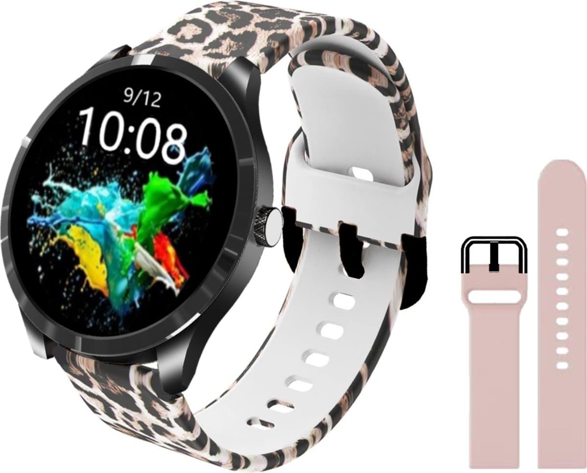 Belesy® Q9 Pro - Smartwatch Dames – Smartwatch Heren - Horloge - 1.28 inch - Kleurenscherm - Stappenteller - Bloeddruk - Hartslag - 75+ Wijzerplaten – Sporten – Siliconen - Panterprint - Roze - Kerstcadeau — afbeelding 1