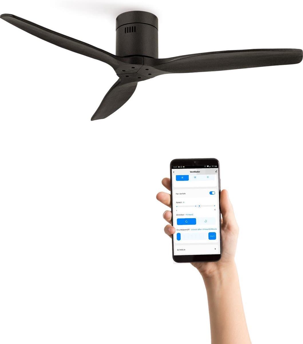 CREATE - Plafondventilator 40W geluidloos Ø132 cm - Met Wifi - Met Afstandsbediening - 6 Snelheden - Timer - Zomer/Winter functie - Zwart - WIND CALM — afbeelding 1