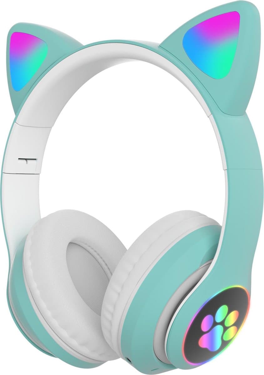 Kinder hoofdtelefoon - cat headphones |Draadloze koptelefoon Bluetooth met led kattenoortjes licht groen | Koptelefoon voor Kinderen - Met Led Kat Oortjes | met verlichting poot — afbeelding 1