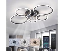 LuxiLamps - 5 Ringen Plafondventilator - Zwart - 6 Snelheden - Dimbaar Met Afstandsbediening en APP - Moderne Cirkel Ventilator Licht