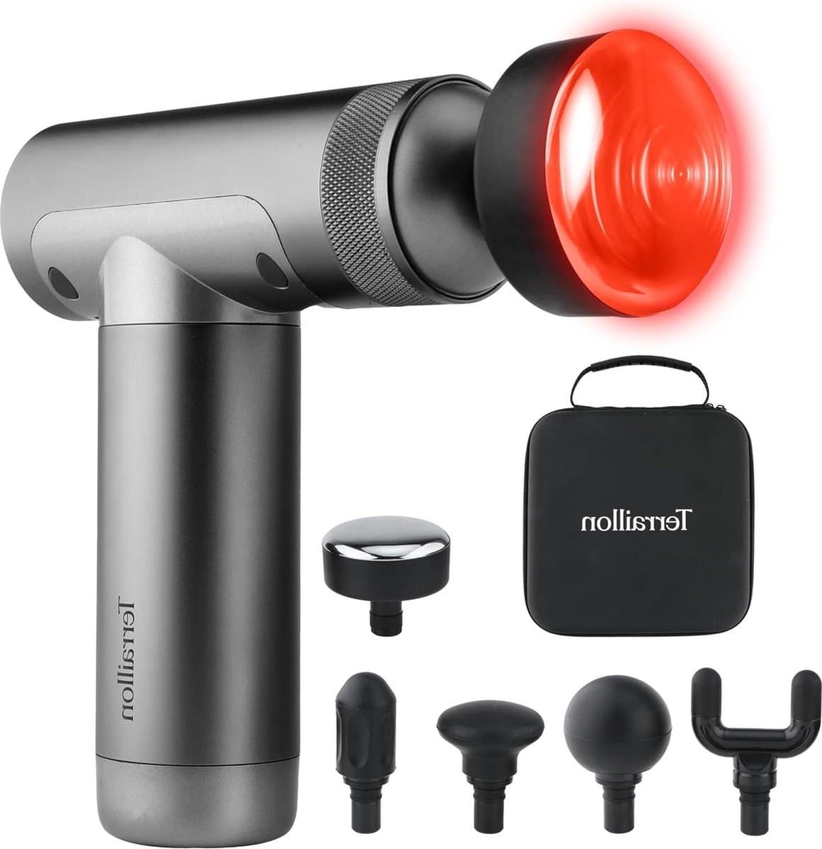 Massage Pistool spiermassage 1800-3200 omw-min 3 snelheden verlicht-ontspant siliconen-opzetstukken 2-traps verwarming USB-C etui — afbeelding 1