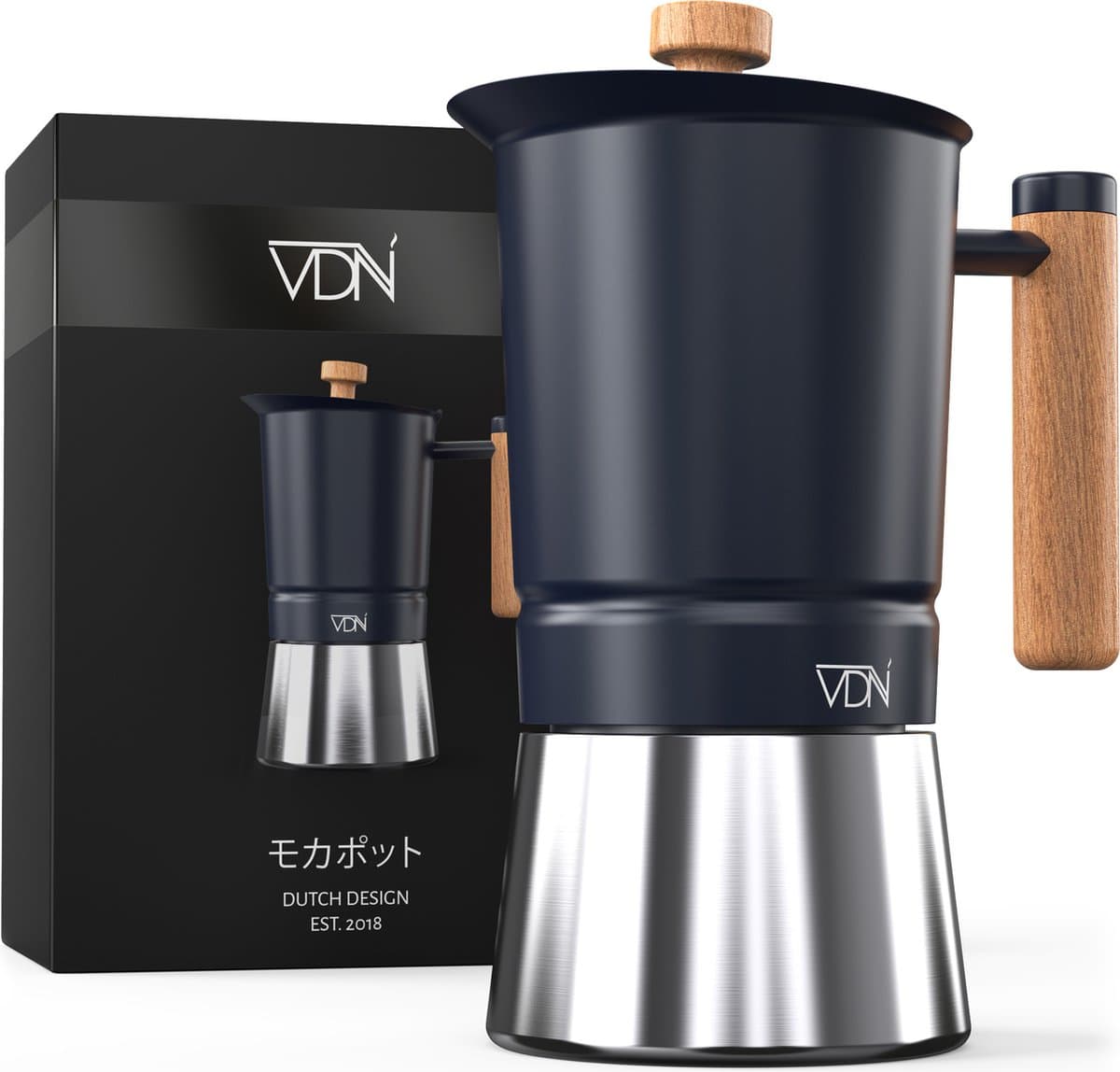 Moka Pot Percolator Inductie 300 ml 6 Kops – Roestvrij Staal met Houten Handvat – Espresso Koffie Maker Klein Koffiezetapparaat – VDN — afbeelding 1