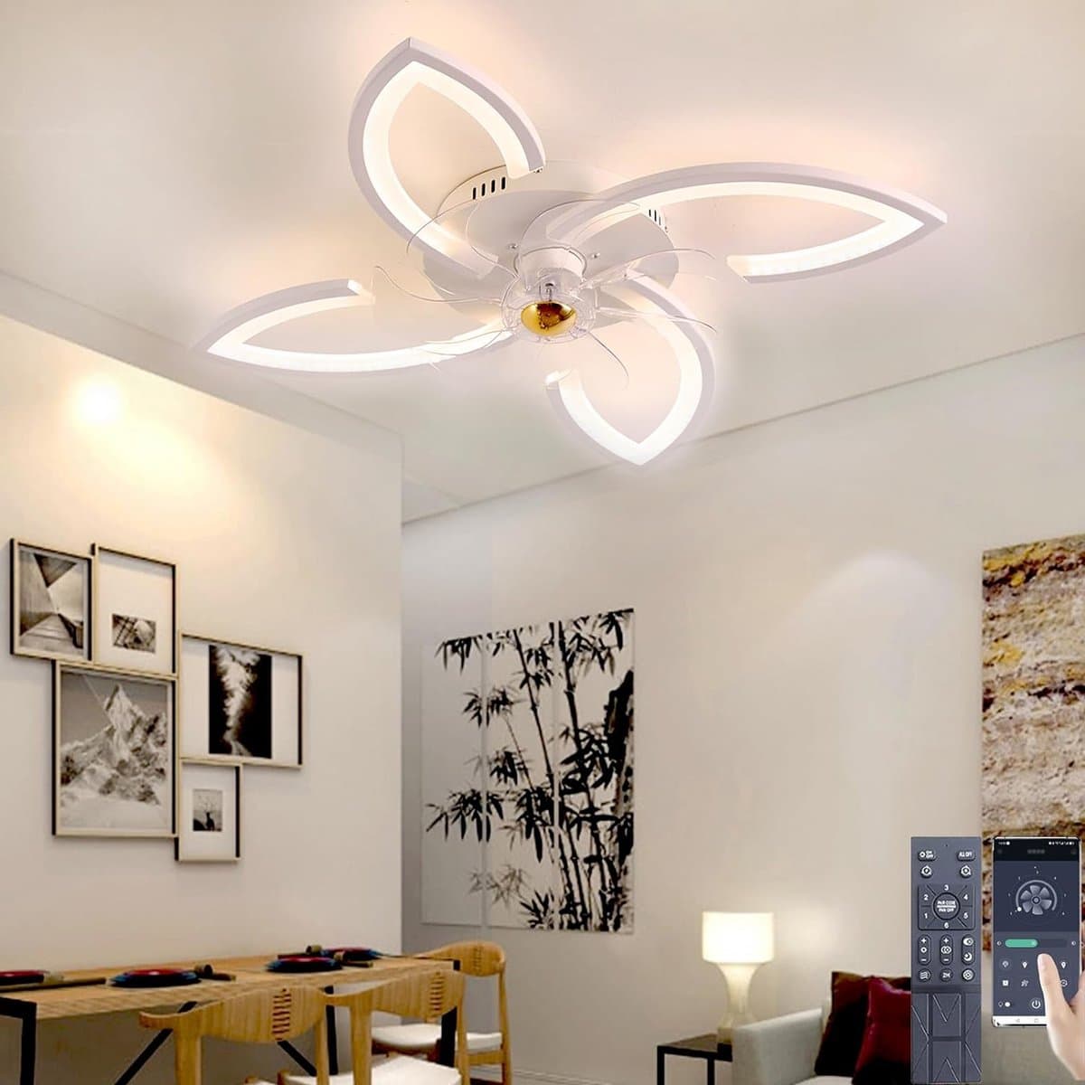 4 Sterren Plafondlamp Met Ventilator - Wit - Met Afstandsbediening - Smart lamp - Dimbaar Met App - 6 Standen Ventilator - Woonkamerlamp - Moderne lamp - Plafoniere — afbeelding 1
