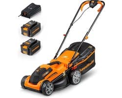 Elektrische Grasmaaier met 24V Accu - 2x 4.0Ah Accu - Verstelbaar 20 cm tot 70 cm - 32L Opvangzak - Snellader - Maaibreedte 34cm - Oranje