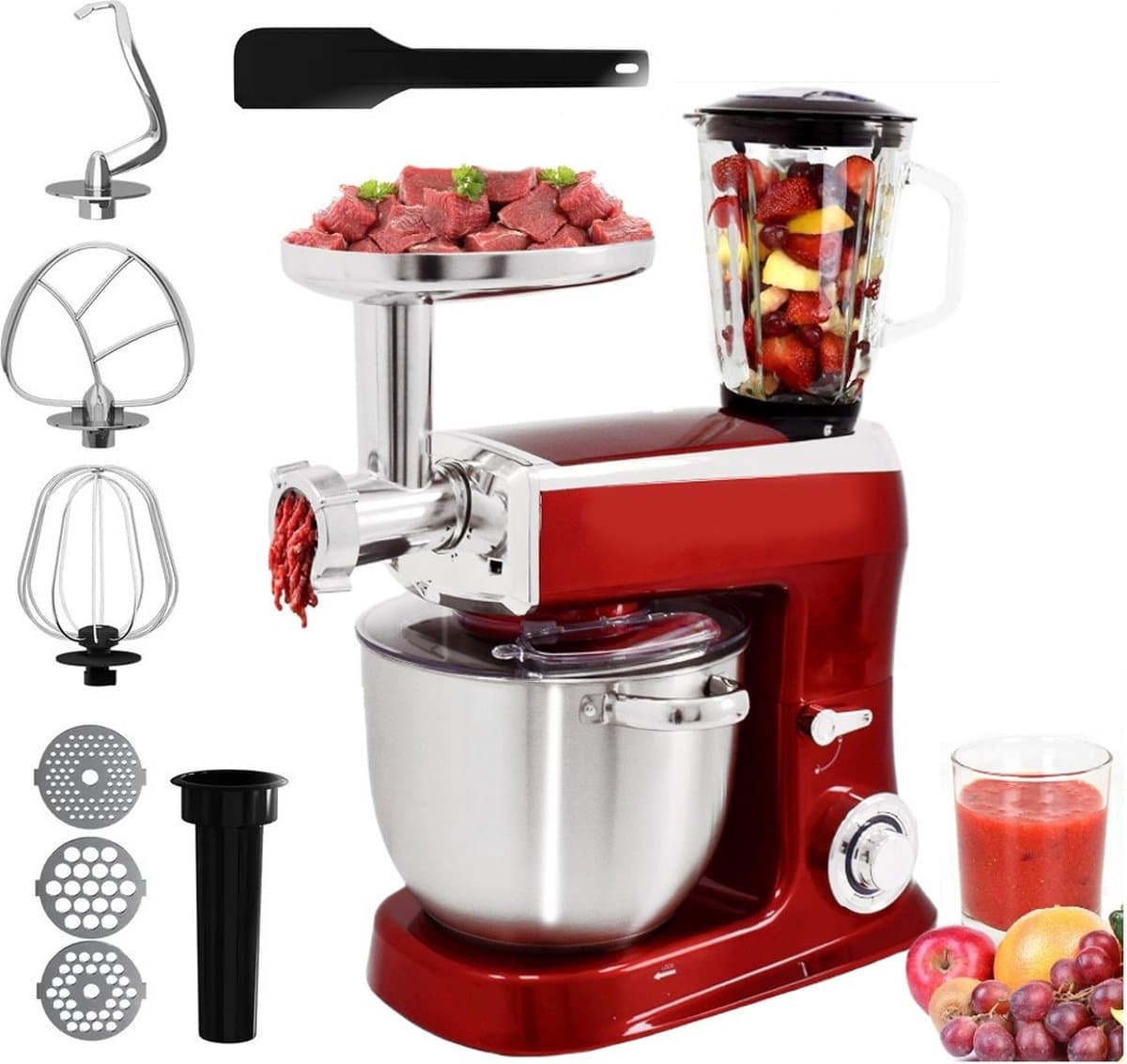 Royalty Line Keukenmachine - Keukenrobot - 2100W - Foodprocessor met 7 Snelheidsstanden + LED, incl. Garde / Kneedhaak / Mengarm en Blender, Met Spatscherm & RVS Mengkom Van 7.5 Liter - Rood — afbeelding 1