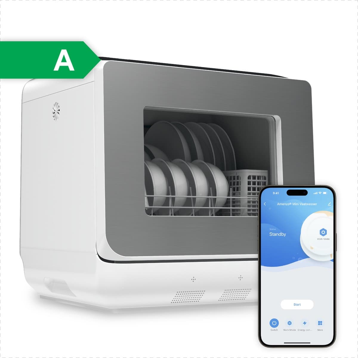Amenzo® - Mini Vaatwasser - Inclusief App - Energielabel A - 900 Watt - 5 Programma's - Wit - Afwasmachine - Met Waterreservoir — afbeelding 1