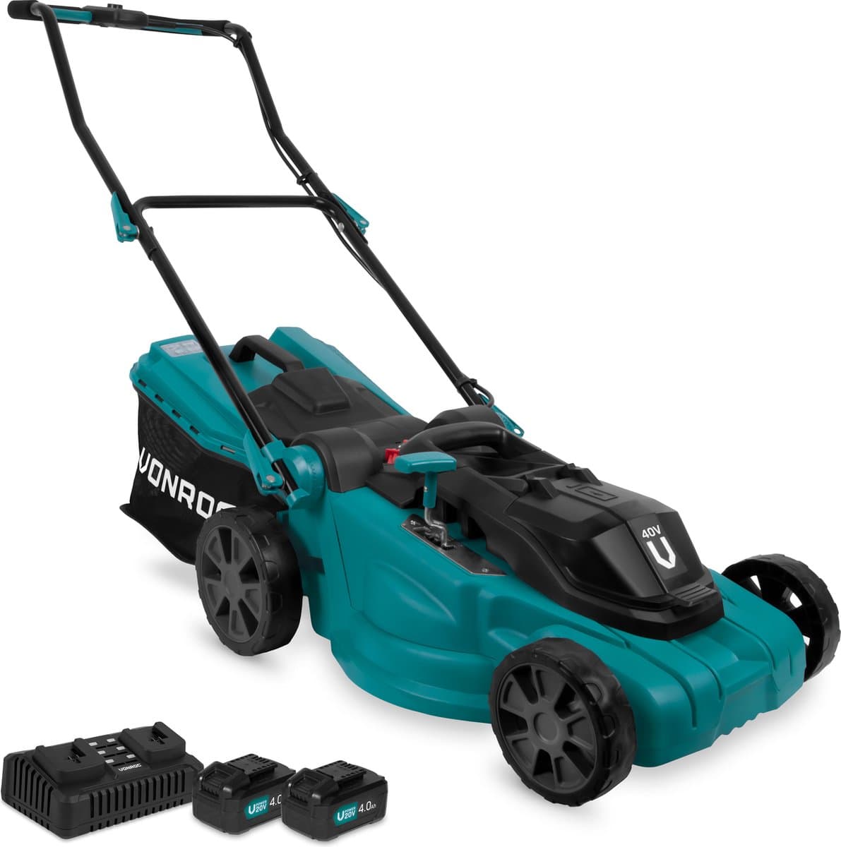 VONROC Accu Grasmaaier – 40V – 38 cm maaibreedte - Vier instelbare maaihoogtes: 35/45/55/65 mm - Incl. 45L Opvangbak - Incl. 2x 4.0Ah Accu en dubbele snellader — afbeelding 1