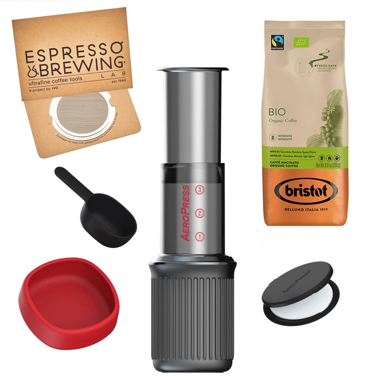 Aeropress GO Coffee Maker + E&B LAB RVS filter 150 micron + Bristot BIO100% koffie — afbeelding 1