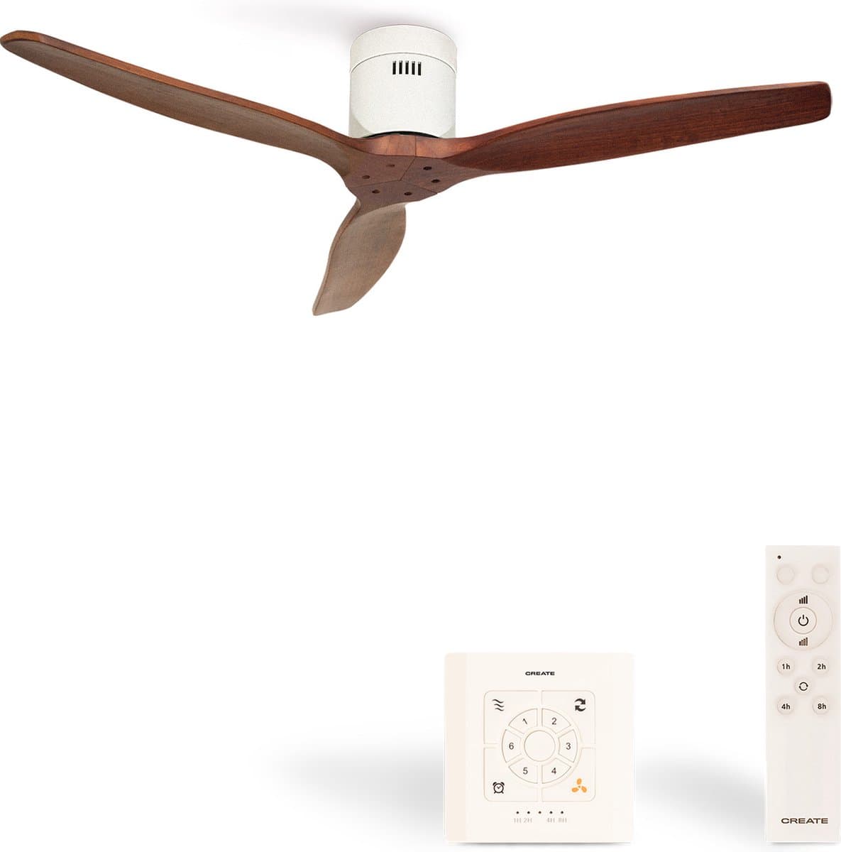 CREATE - Plafondventilator 40W silent Ø132 cm - Controller voor wandmontage - afstandsbediening - Wit Donker Hout- WIND CALM — afbeelding 1