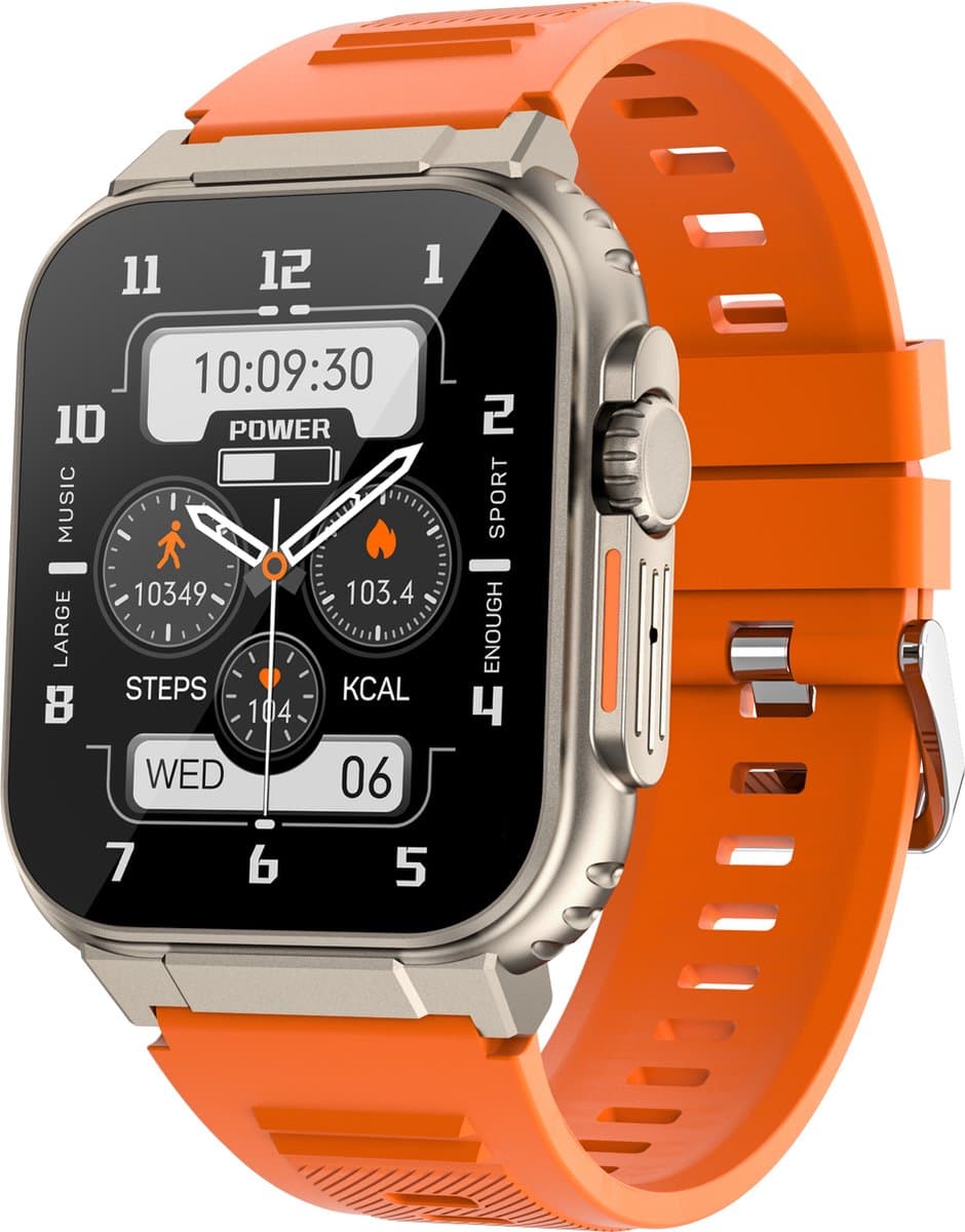 Knobbout 1.96" (3.5*4.4cm) Smartwatch - Bluetooth belfunctie-Super sterke batterij 600MAH- met o.a. NL menu - 44mm HD scherm- Zinklegering horlogekast - Bloeddrukmeting&Bloedzuurstof functie - Opnamefunctie - Slaapmonitor Oranje — afbeelding 1