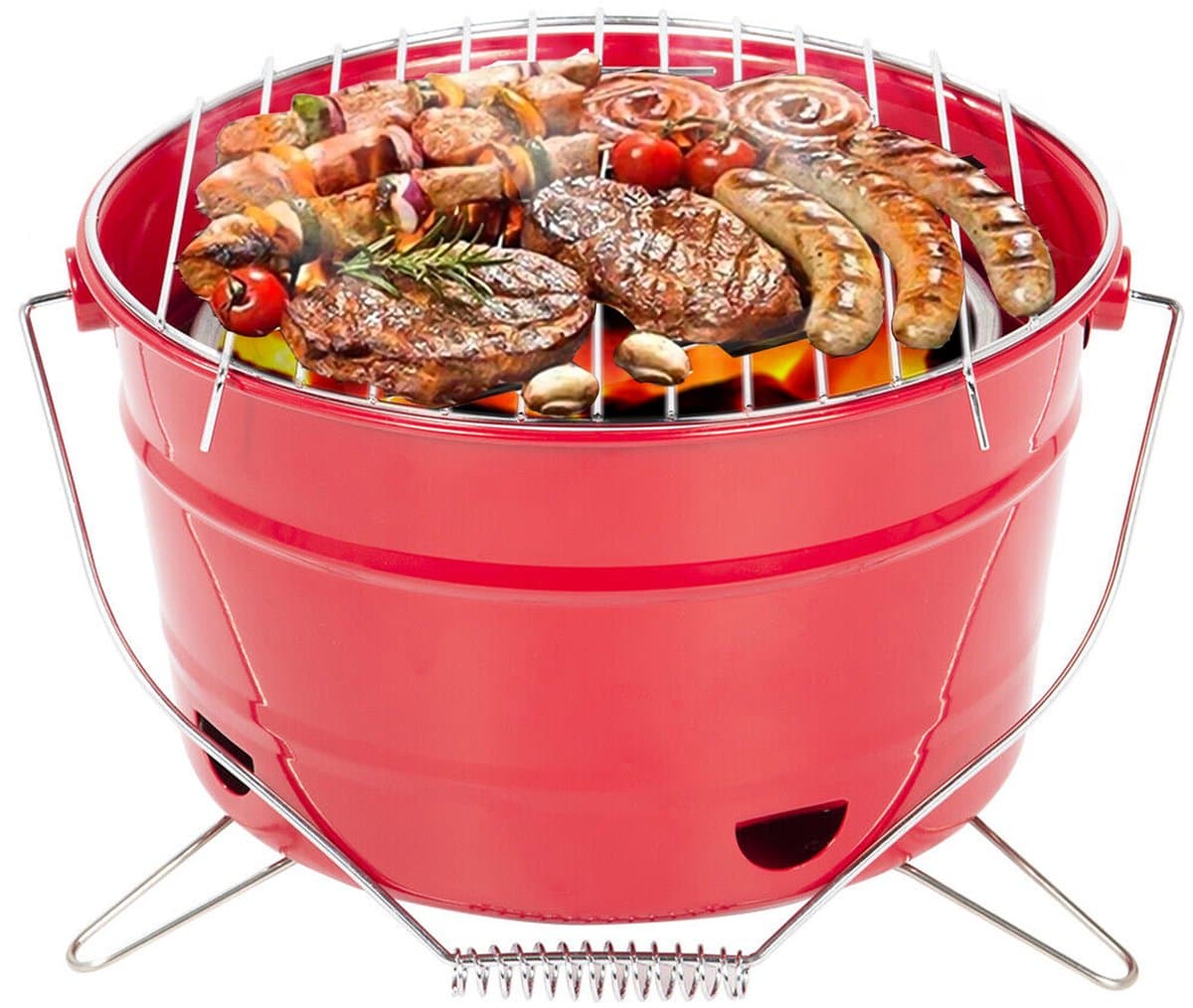Uten Emmer mini bbq houtskool - Barbecue houtskool - Houtskoolbarbecues - Camping barbecues- Barbeque - Grilloppervlak (L x B) 27.5 x 27.5 cm - Rood — afbeelding 1