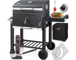 KESSER® Houtskoolbarbecue XL Barbeque Houtskool met Deksel, Wielen, Afdekkap, Roestvrij Stalen Handvat, Barbecuerooster en Thermometer, 8 Spiesen met Zakje & siliconen Borstel, grote BBQ Camping Terras Tuin