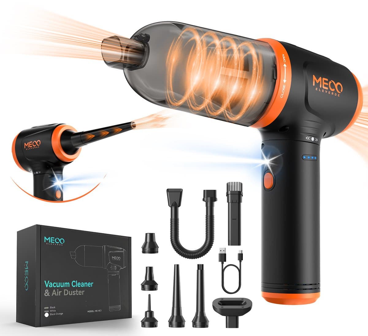 4-in-1 Stofblazer Luchtdruk, Handstofzuiger 3-Gang Air Duster 16000Pa Stofzuiger 2 Uur Snelladen met Mondstukken - Oranje — afbeelding 1