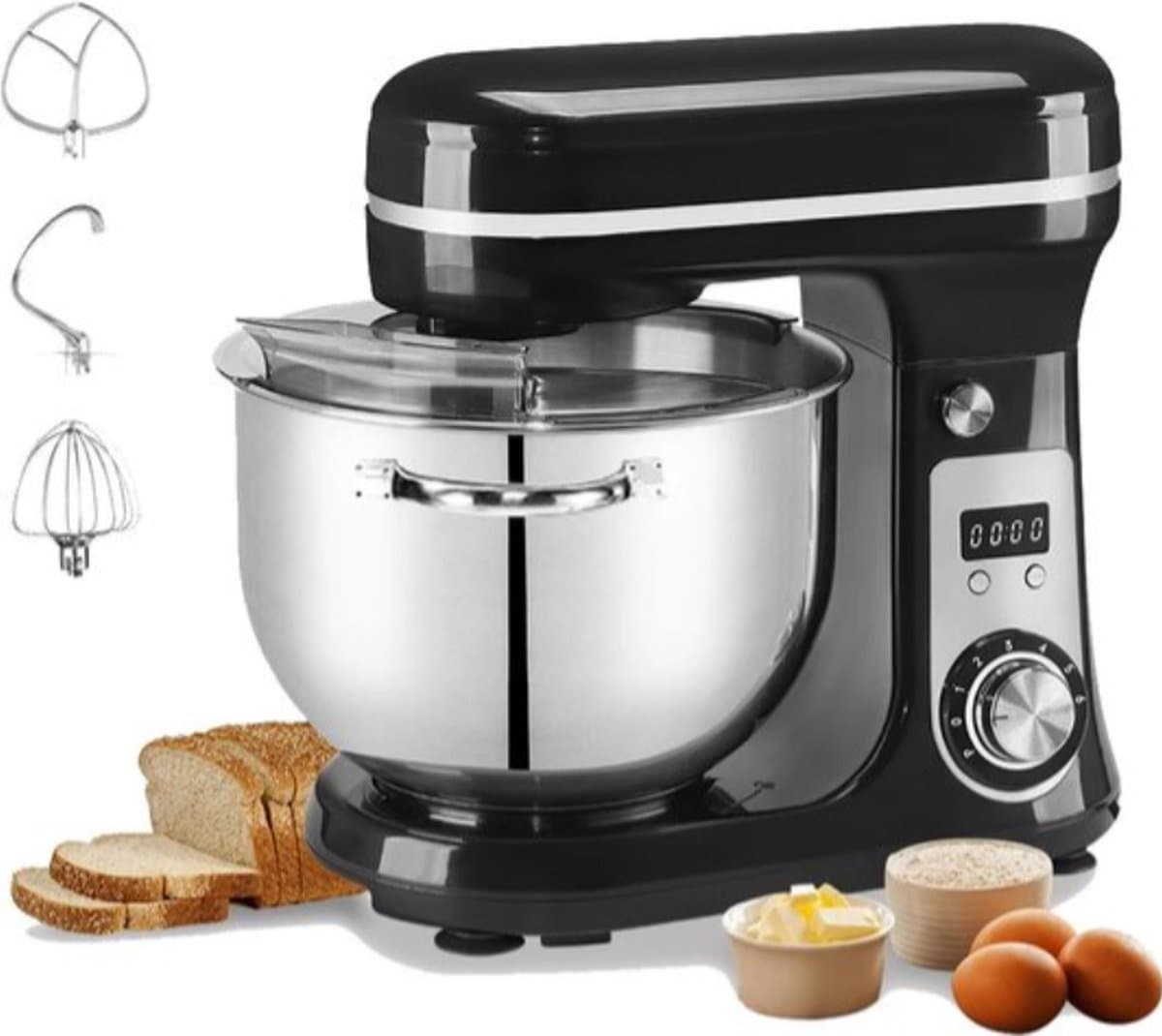 Keukenmixer - Deegmachine - Keukenmachine - Deegmixer - Kneedmachine - 6L - 4Kg - 1200W - RVS - Zwart — afbeelding 1