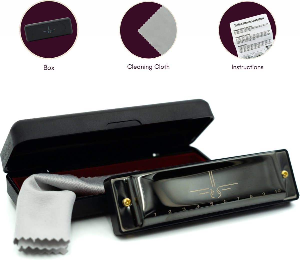 Mondharmonica C voor Volwassenen en Kinderen - Instructieblad - Metallic Black Blues Harp — afbeelding 1