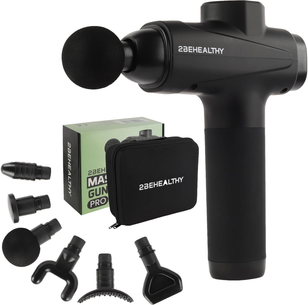 2BEHEALTHY Massage Gun Professioneel - Incl. 6 Opzetstukken - 30 Massage Standen - Massage Pistool - Massage Apparaat - Massagegun - Spier Massage - Spieren & Gewrichten - Zwart — afbeelding 1