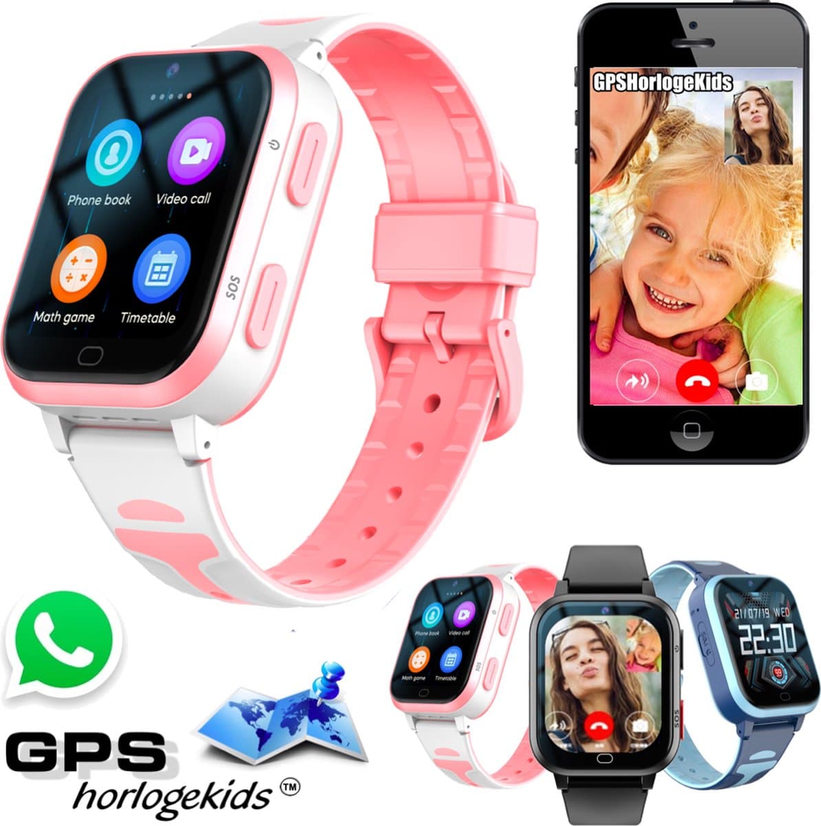 GPSHorlogeKids© - GPS horloge kind - smartwatch kinderen - WhatsApp - 4G videobellen - spatwaterdicht - SOS alarm - SMS - incl. SIM - Yoda Roze — afbeelding 1