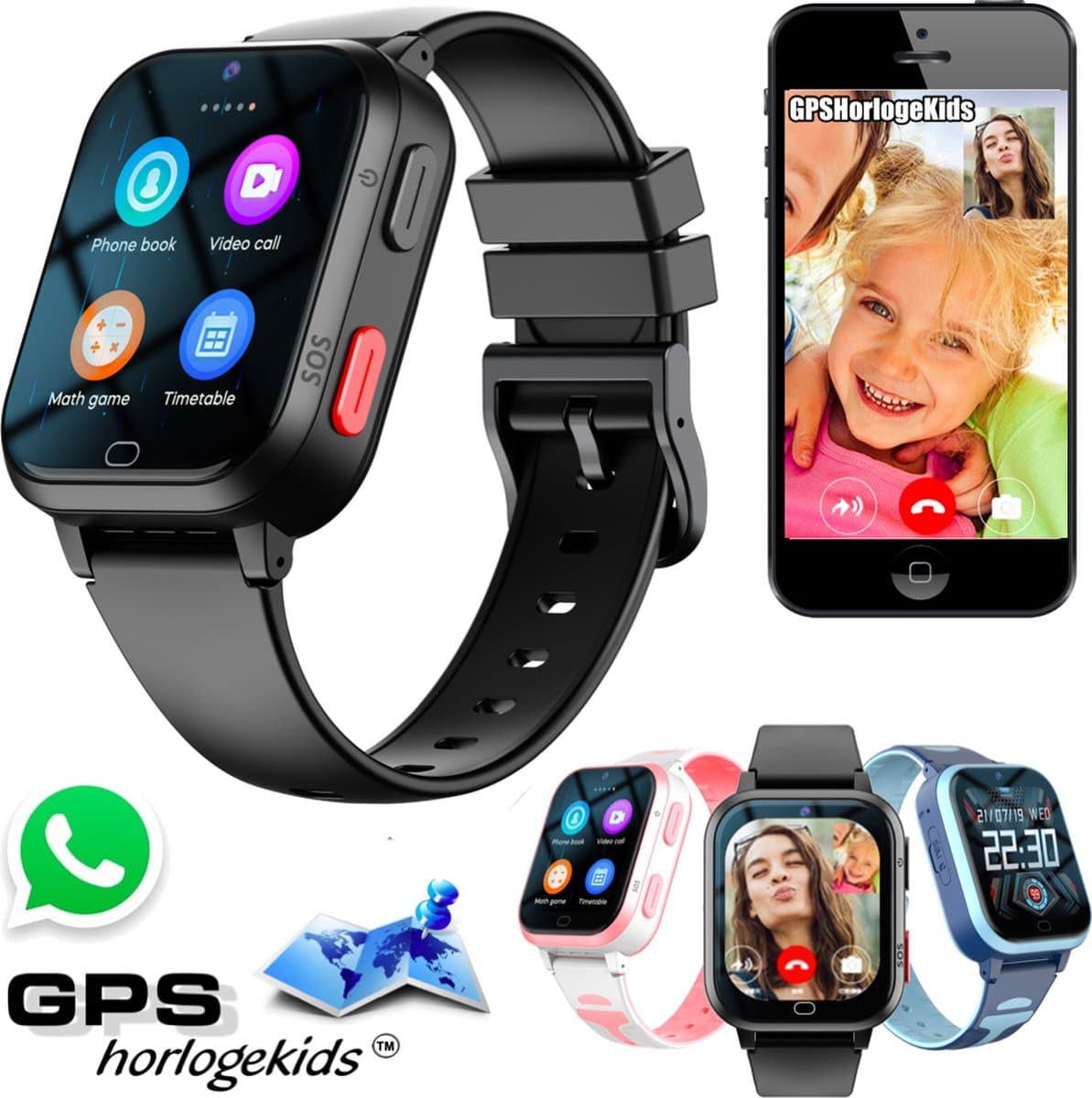 GPSHorlogeKids© - GPS horloge kind - smartwatch kinderen - WhatsApp - 4G videobellen - spatwaterdicht - SOS alarm - SMS - incl. SIM - Yoda Zwart — afbeelding 1