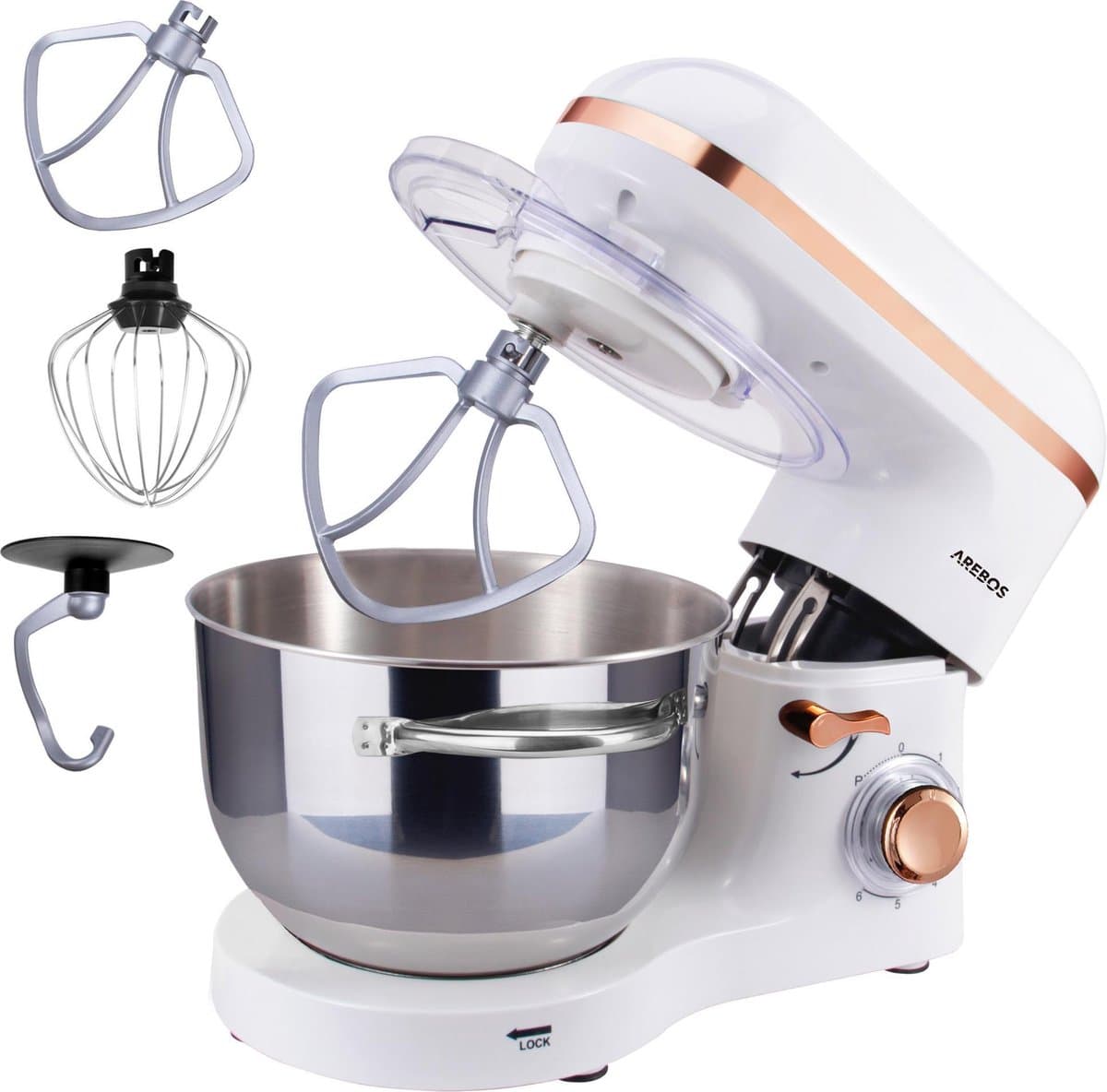 AREBOS Keukenmachine - 1500W - Keukenrobot - 6L - Keukenmixer - Foodprocessor - Roestvrij Stalen Mengkom - 6 Snelheden - Wit — afbeelding 1